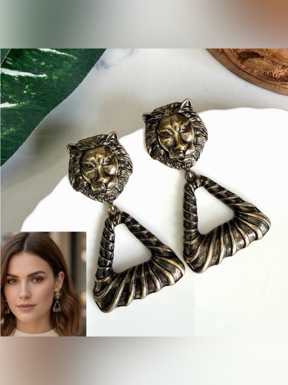 2/$30🌵 Baroque Lion Head Door Knocker Triangle Hoop Earrings Rococo Jewelry NEW